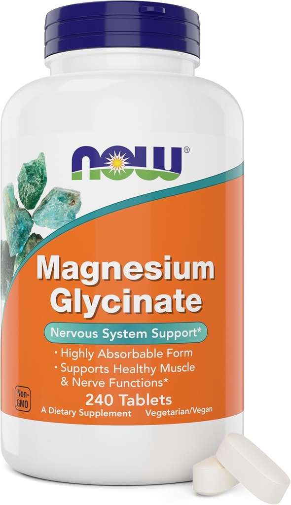 Now Foods Magnesium Glycinate, 240 tabletter - Understøtter sund muskel og nerve funktioner - ikke-GMO