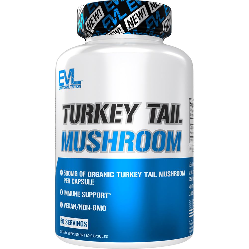 Evolution Nutrition Turkey Tail Mushroom - 500mg Organic Turkey Tail Mushroom per kapsel - immunforsvar - Kosttilskud - Vegan & ikke-GMO - 60 Servering - 60 Kapsler