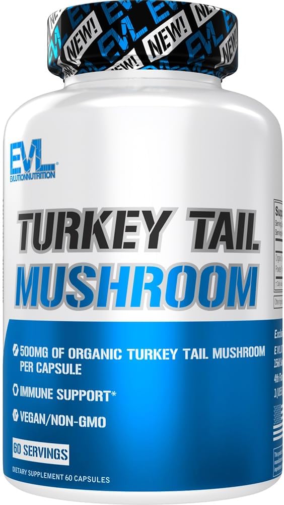 Evolution Nutrition Turkey Tail Mushroom - 500mg Organic Turkey Tail Mushroom per kapsel - immunforsvar - Kosttilskud - Vegan & ikke-GMO - 60 Servering - 60 Kapsler