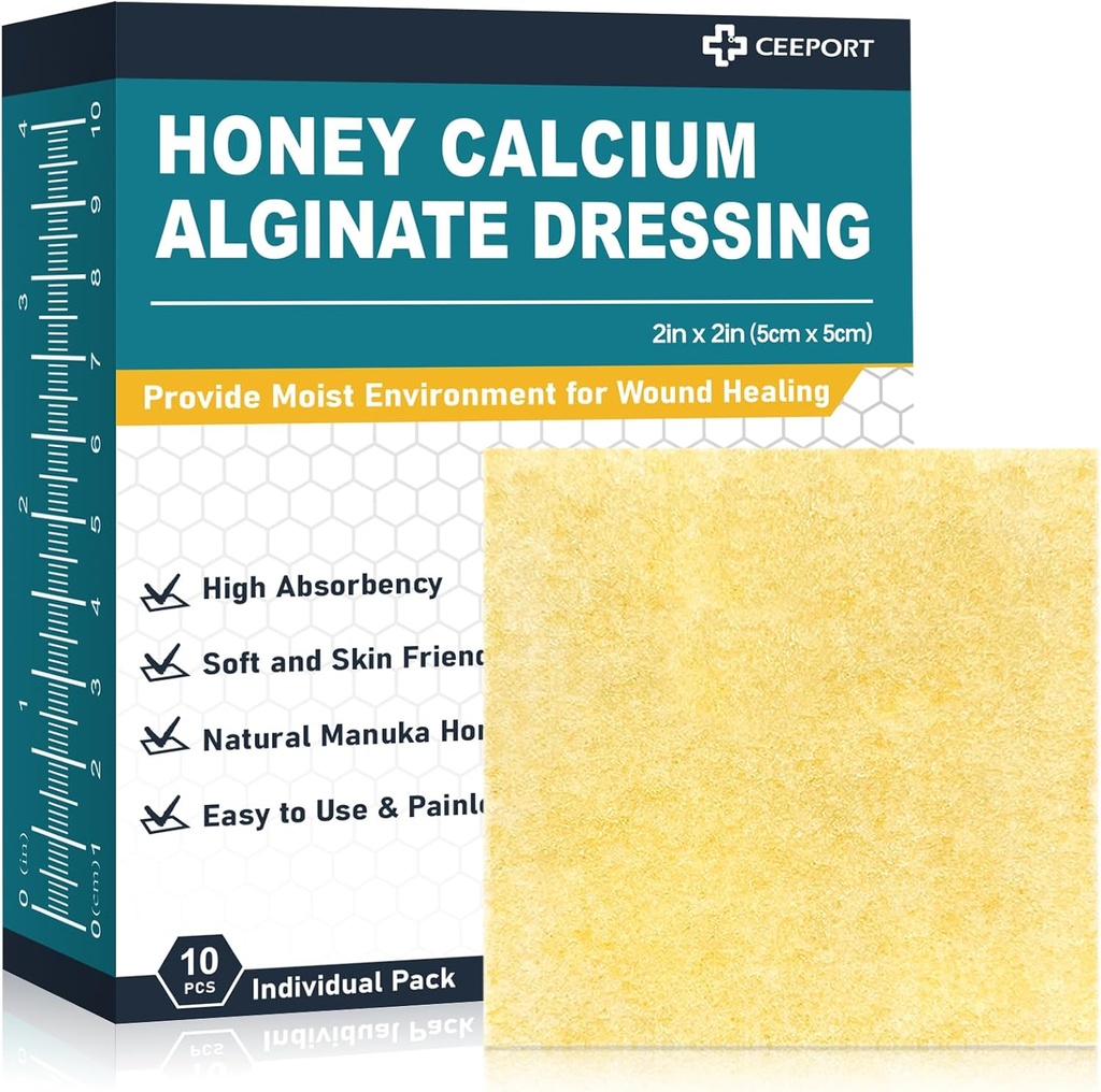 Manuka Honey Calcium Alginate Sår Klædning, 2 "x 2" Høj Absorbency Honey Sår Klædning med Calcium Alginate, Medical Grade Manuka Honey Sår Care Bandches Patches for Sår (Pack of 10)
