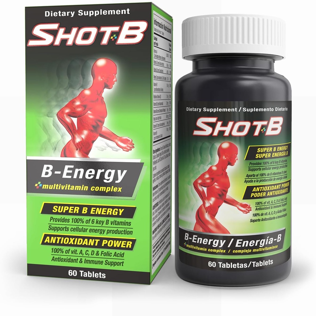 Shot B Multivitamin Complex, B- Energy, vitamin B Complex med antioxidant Support, B Complex Vitamin med A, C, D, E & folinsyre til cellulær energi og immunforsvar - 6 Key B Vitamin, 60 Tæl