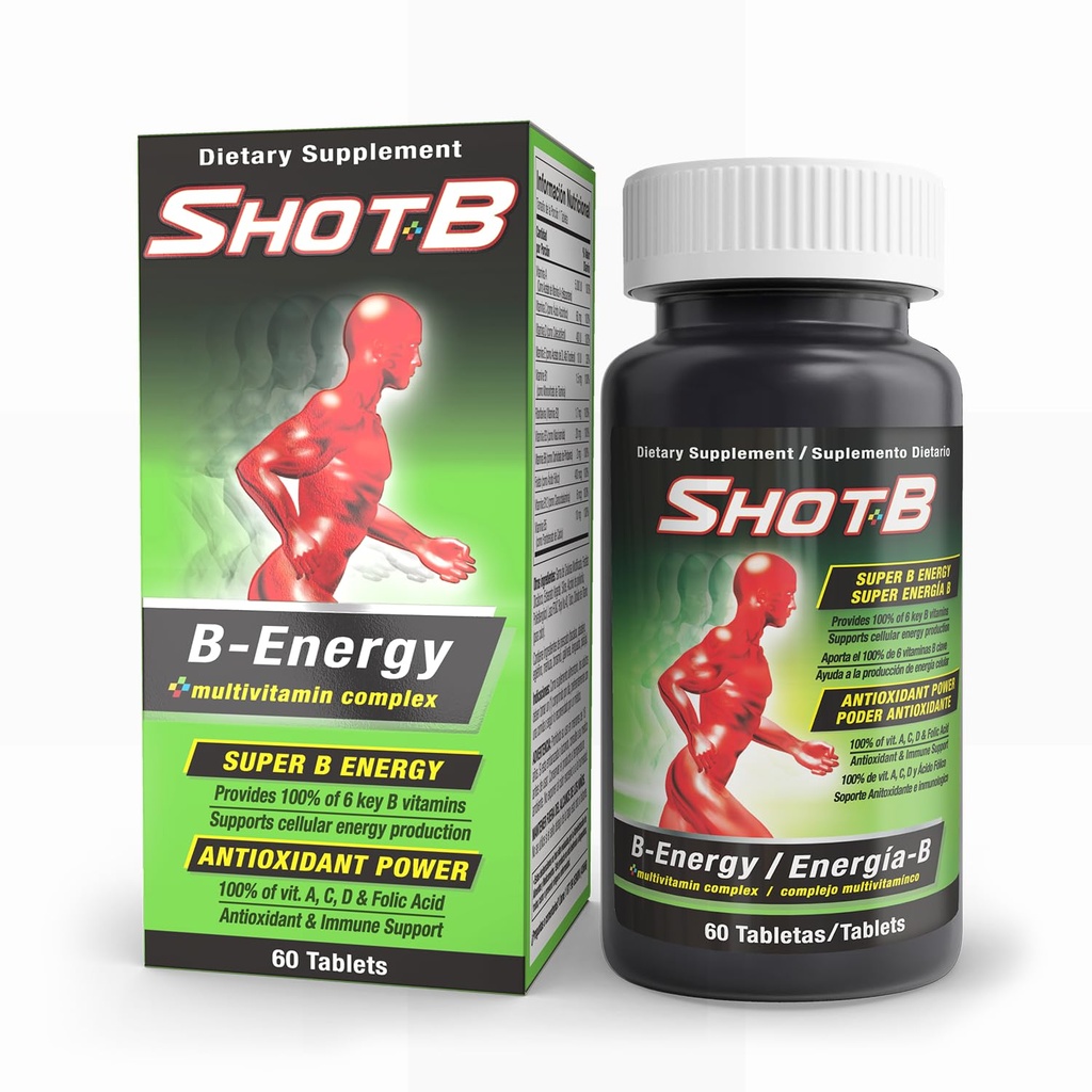 Shot B Multivitamin Complex, B- Energy, vitamin B Complex med antioxidant Support, B Complex Vitamin med A, C, D, E & folinsyre til cellulær energi og immunforsvar - 6 Key B Vitamin, 60 Tæl