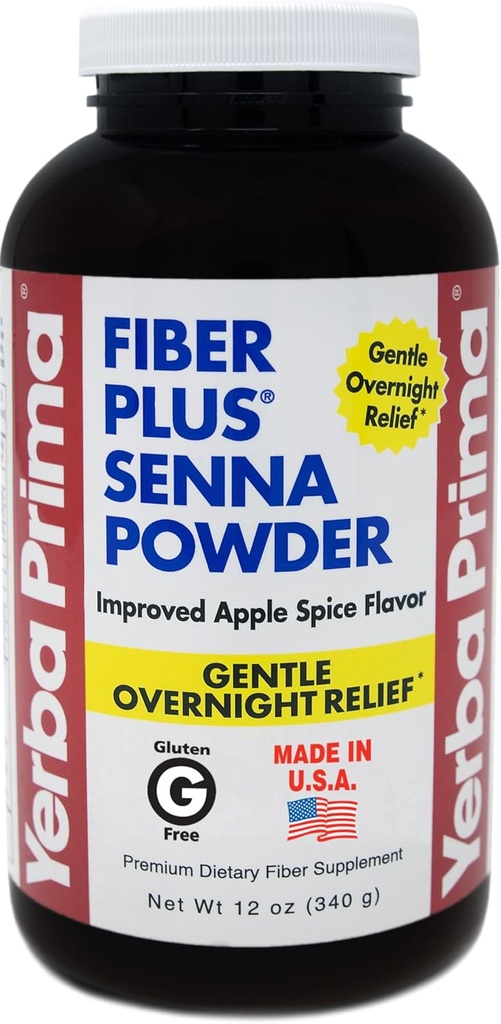 Yerba Prima Fiber Plus Senna Powder, 12 oz (Pack of 1) - Apple Spice Flavor, Gentle Overnight Relief, USA Made, Non- GMO, Stevia Sødet, Short- Term Brug til at gendanne regelmæssighed