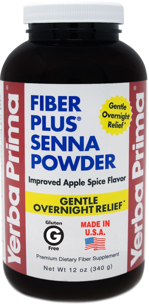 Yerba Prima Fiber Plus Senna Powder, 12 oz (Pack of 1) - Apple Spice Flavor, Gentle Overnight Relief, USA Made, Non- GMO, Stevia Sødet, Short- Term Brug til at gendanne regelmæssighed