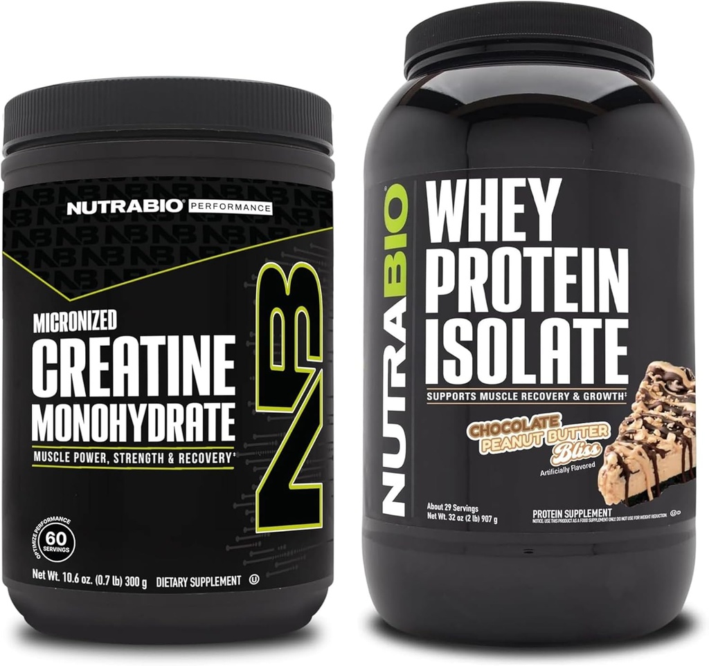 Nutrabio Creatin monohydrat, Unflavored, 300g og Whey Protein Isolate, Chokolade Peanut Butter, Supplement Bundle - Muskelenergi, Lean Muskelvækst, Inddrivelse, og Styrke