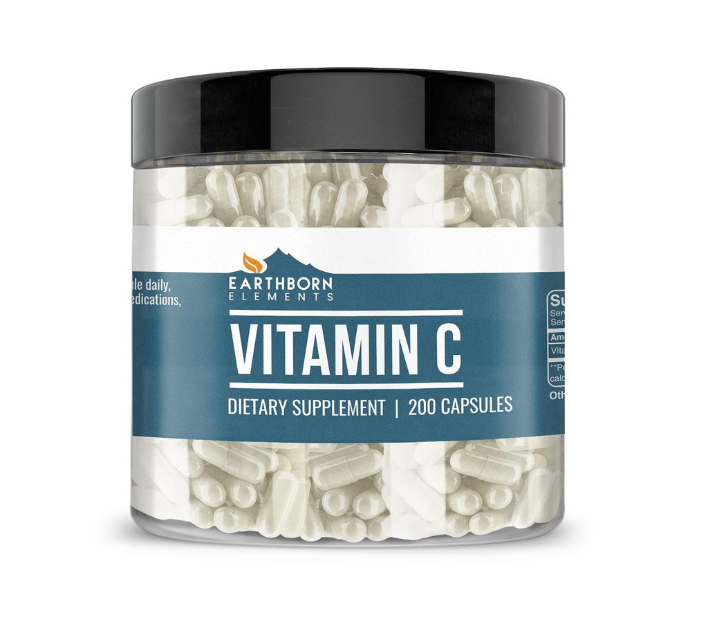 Earthborn Elements Vitamin C 200 Kapsler, Pure & Ufortyndet, Ingen tilsætningsstoffer