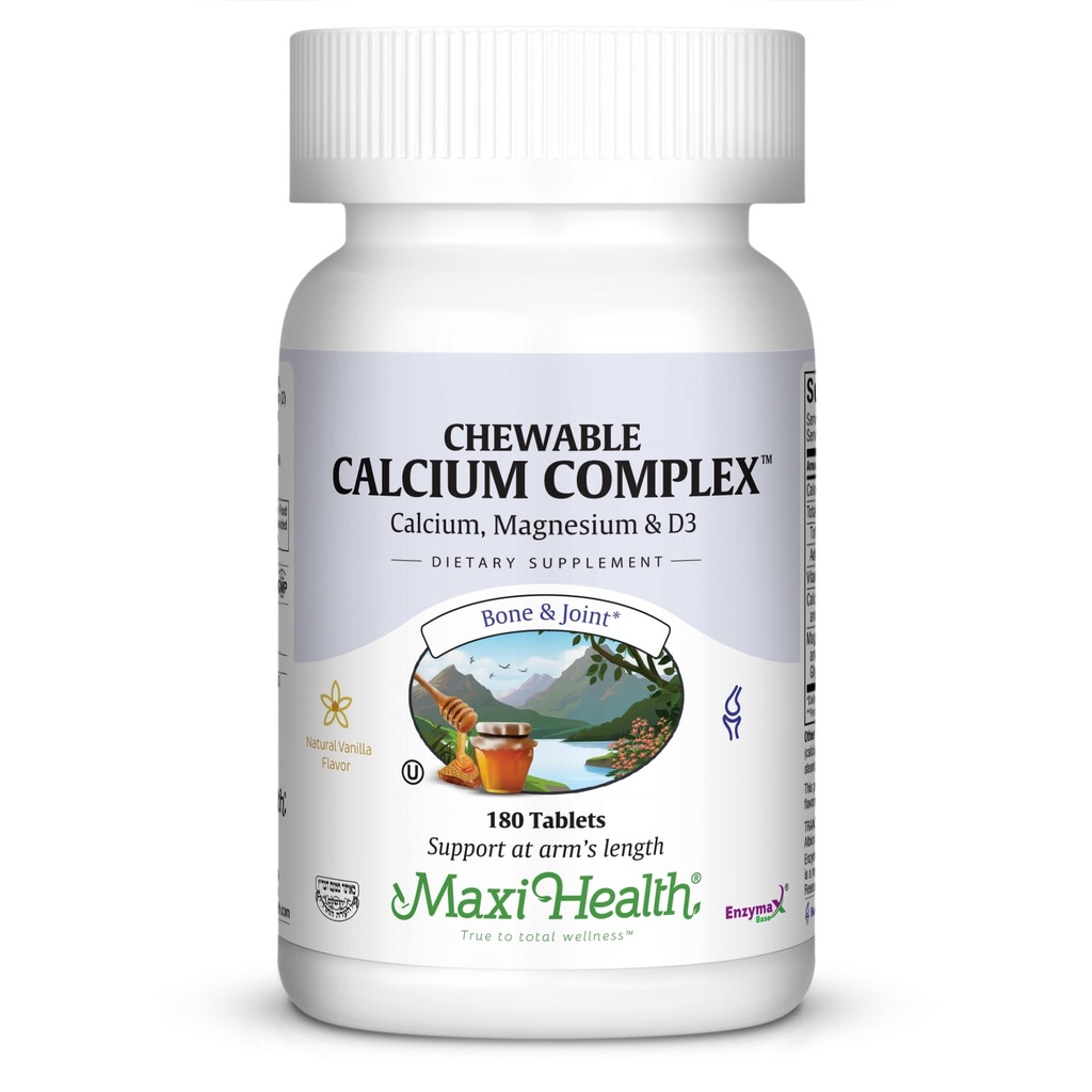 Maxi Health Chewable Calcium Complex - Vanilla Flavor Vitamin D3 og Magnesium Chewables til at hjælpe med at understøtte knoglerne - Kosher Magnesium og Calcium supplement til kvinder og mænd (180 Tæl)