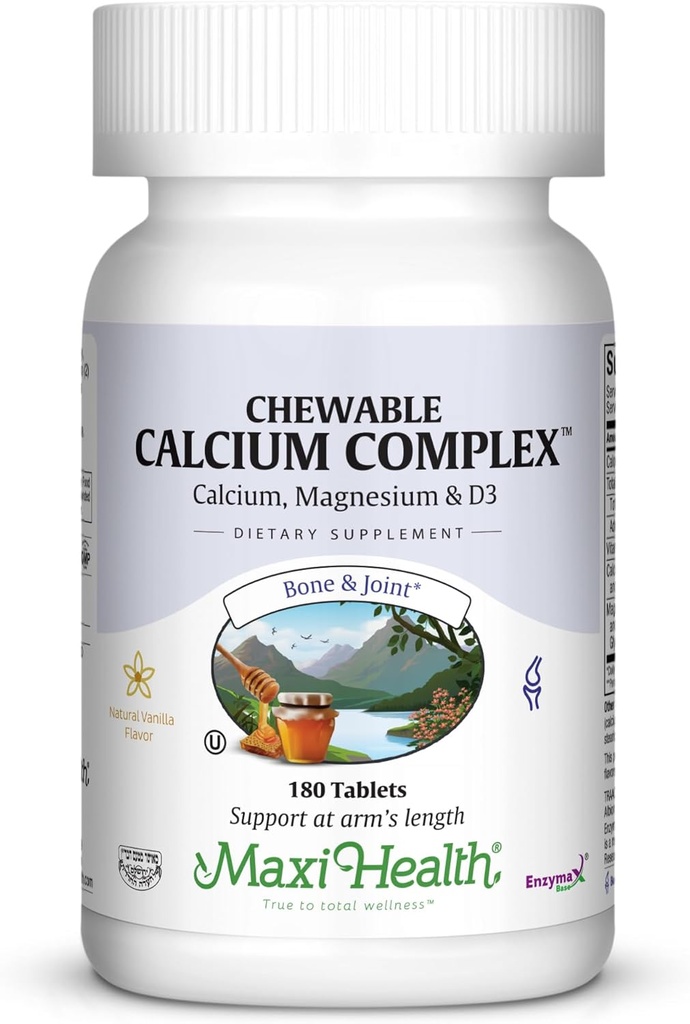 Maxi Health Chewable Calcium Complex - Vanilla Flavor Vitamin D3 og Magnesium Chewables til at hjælpe med at understøtte knoglerne - Kosher Magnesium og Calcium supplement til kvinder og mænd (180 Tæl)