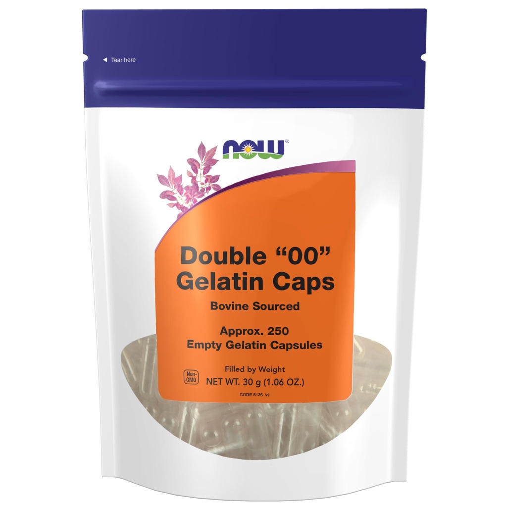 Now Foods Supplements, Tomme Gelatine Kapsler, Dobbelt "00", Kvæg Sourced, Fyldt med vægt, 250 Gel Kapsler