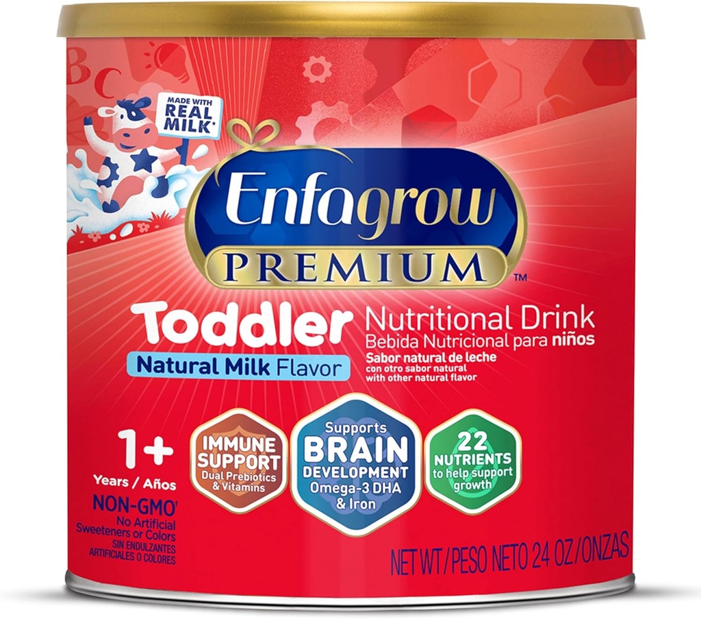 Enfagrow PREMIUM Toddler Nutritional Drink, Made with Real Milk, Brain-Building Omega-3 DHA, Nutrients and Prebiotics for Growth & Immune Support, Non-GMO, Toddler Milk Powder, 24 Oz Can