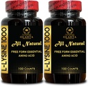L- LYSINE 1000 mg fri form Aminosyre Essential - høj styrke L- lysin supplement til Vision Support Lip Care, L- Lysin HCI, fri form Aminosyre, forbedret absorption - 2 flasker 200 tællinger