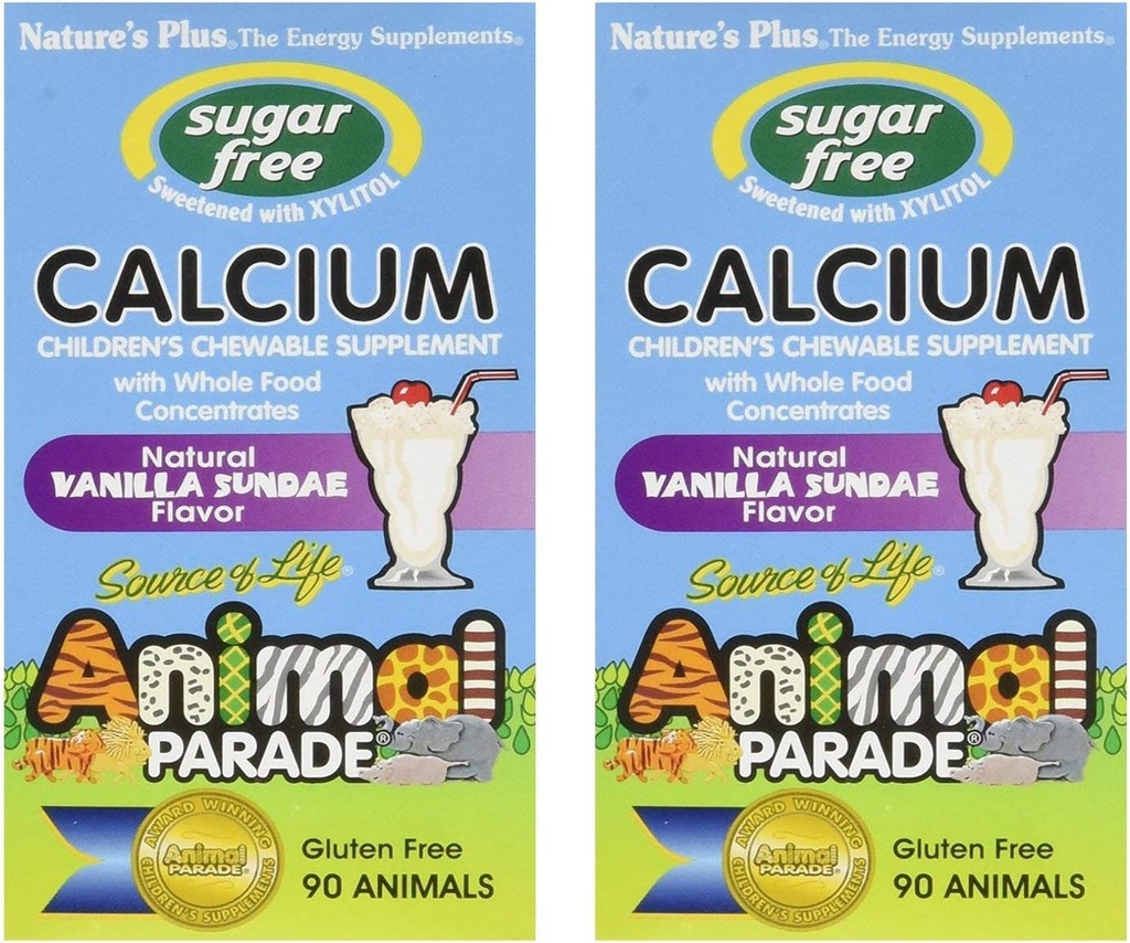 NaturesPlus Animal Parade Sugar- Free Children 's Calcium, Vanilla Sundae Flavor - 90 Chewable Animal Shaped Tablets, Pack of 2 - Magnesium for ben sundhed - Gluten Free - 90 Servering