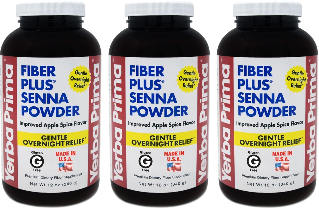 Yerba Prima Fiber Plus Senna Powder, 12 Ounce (Pack of 3) - for korttidsbrug til at genoprette regelmæssighed, Forbedret Apple Spice Flavor, Stevia Sødet, Giver Gentle Overnight Relief, Non- GMO