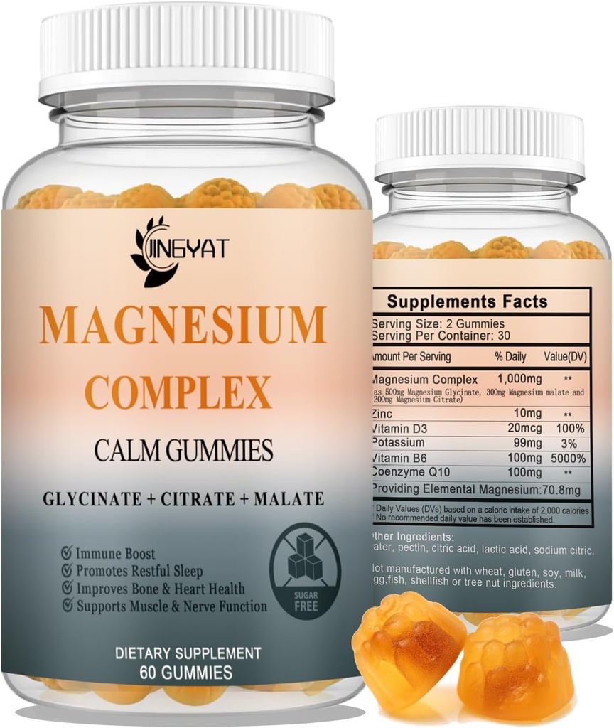 Triple Magnesium Complex - Høj Absorption Magnesium Gummies, Magnesium Glycinat, Malat, & Citrat, Chelated Forms med D-vitamin og zink, kalium, Coq10 Supplement
