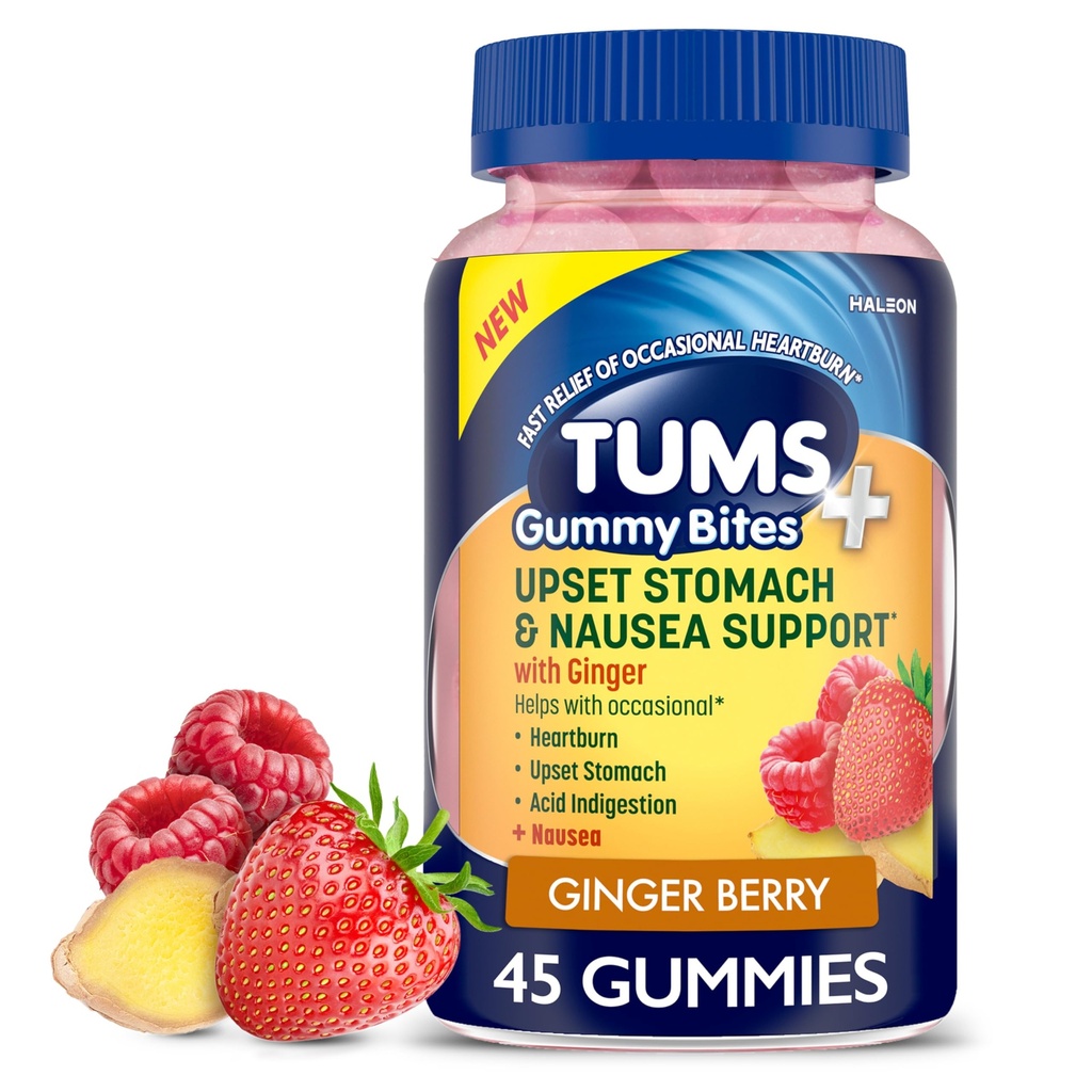 TUMS Plus Upset Mave & Kvalme Support, Kosttilskud, Ginger Berry - 45 Greve