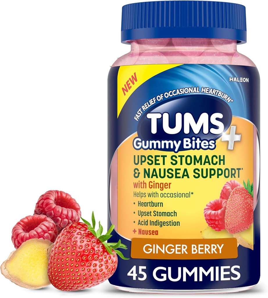 TUMS Plus Upset Mave & Kvalme Support, Kosttilskud, Ginger Berry - 45 Greve