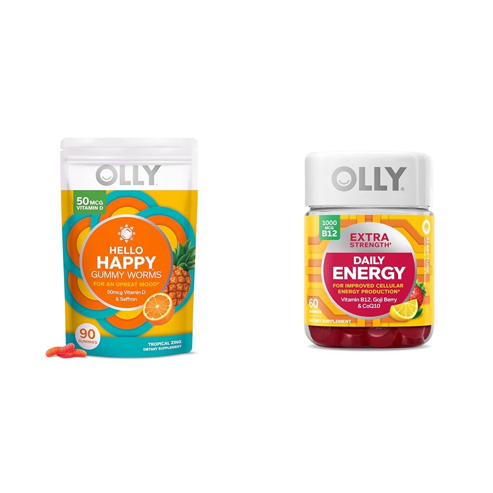 OLLY Hello Happy Gummy Worms, Mood Balance Support, D-vitamin, Safran, Voksen Chewable Supplement & Extra Strength Daily Energy Gummy, Koffein Free, 1000mcg Vitamin B12, CoQ10, Goji Berry