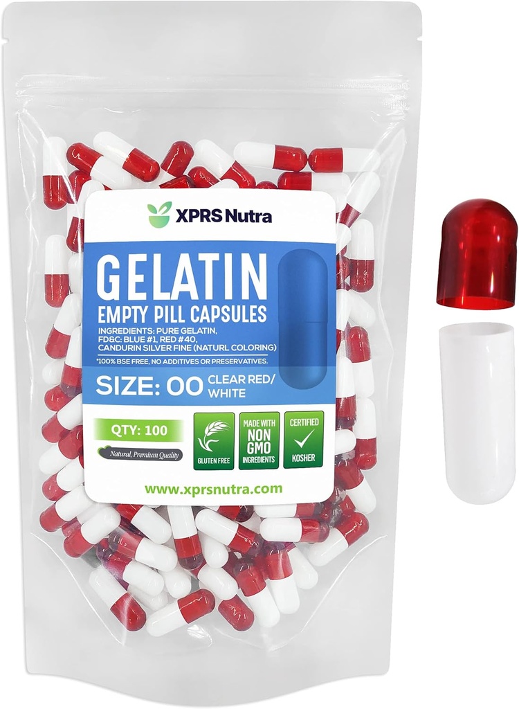 XPRS Nutra Størrelse 00 Tomme kapsler - 100 Grev Tomme Gelatine kapsler - Pille gør det - Kapsel Fyldning - Fyldelig pillegel Caps til Do- It- Yourself kosttilskud (Clear Red / White)