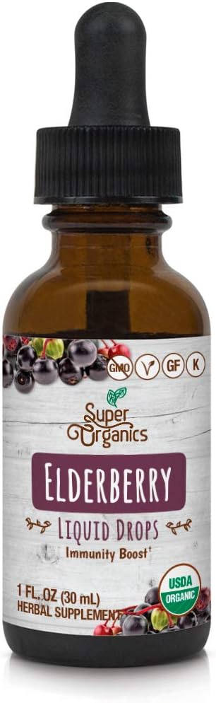 Super Organics Organic Elderberry Liquid Drops Mex124; Non- GMO, Gluten Free, Kosher, & Vegan, 1 Fl Oz