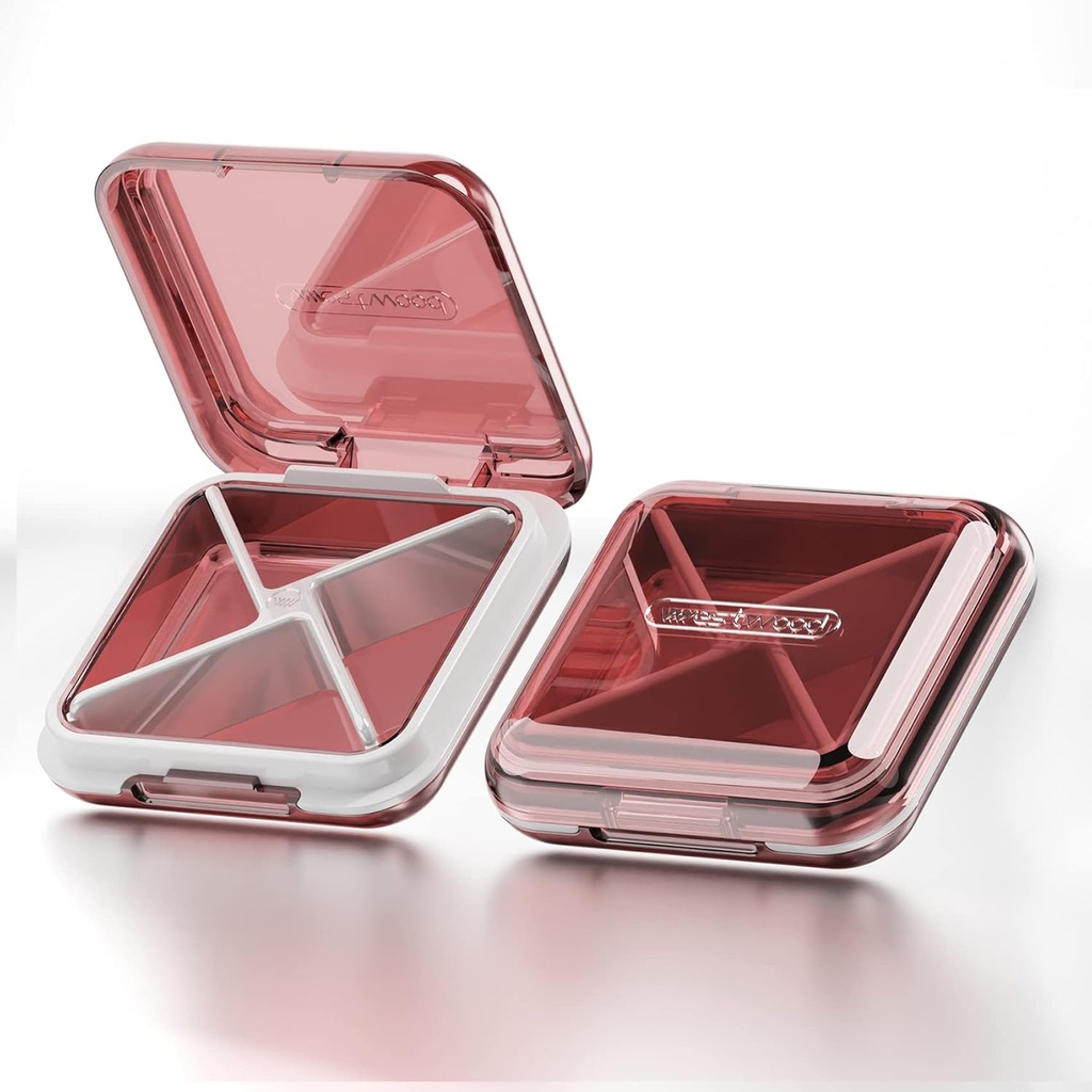 DUBSTAR Daily Pill Organizer, 4 Compartments Portable Travel Small Pill Case, Pill Box for Purse Pocket til at holde vitaminer, torsk leverolie, kosttilskud og medicin (rød)