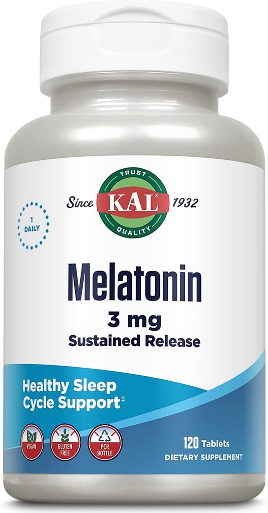 KAL Melatonin 3 mg Vedvarende Release Sleep Aid, Melatonin Supplement understøtter sund afslapning, en rolig følelse og en korrekt søvn cyklus, w / Tilføjet vitamin B6, Vegan, Gluten Free, 120 Serv, 120 tabletter