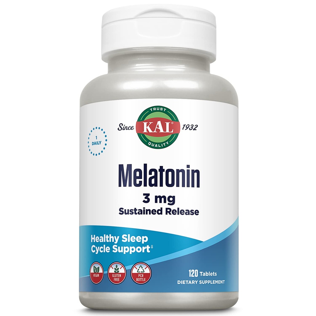 KAL Melatonin 3 mg Vedvarende Release Sleep Aid, Melatonin Supplement understøtter sund afslapning, en rolig følelse og en korrekt søvn cyklus, w / Tilføjet vitamin B6, Vegan, Gluten Free, 120 Serv, 120 tabletter