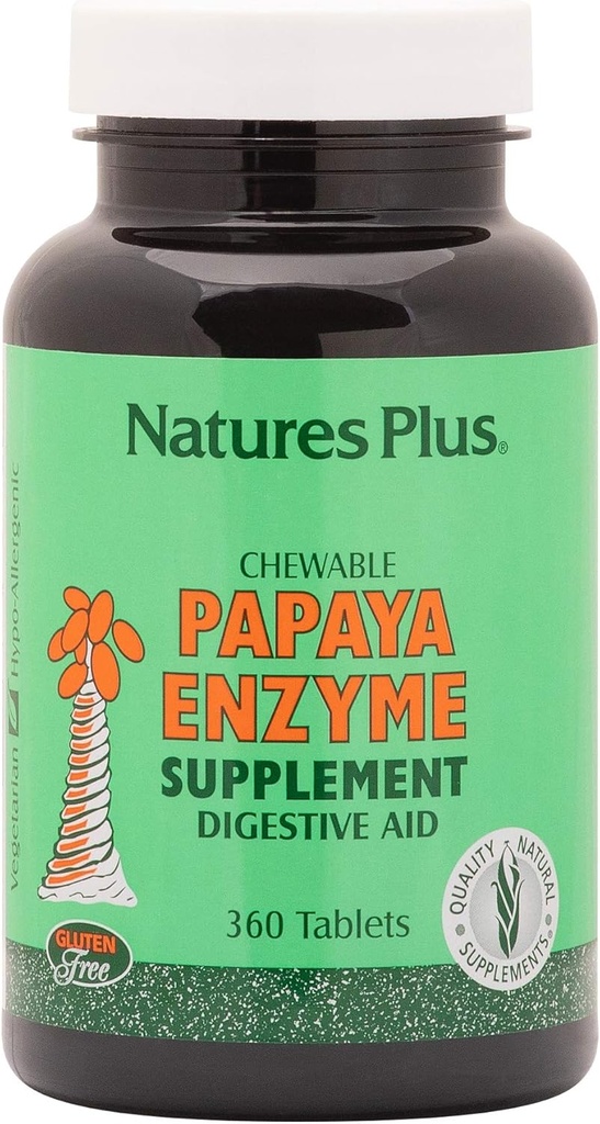 Natures Plus Papaya Enzyme - 6 mg Papain - Alle naturlige fordøjelsestilskud, Indeholder Amylase & Protease - 360 tyggetabletter (360 Servere)