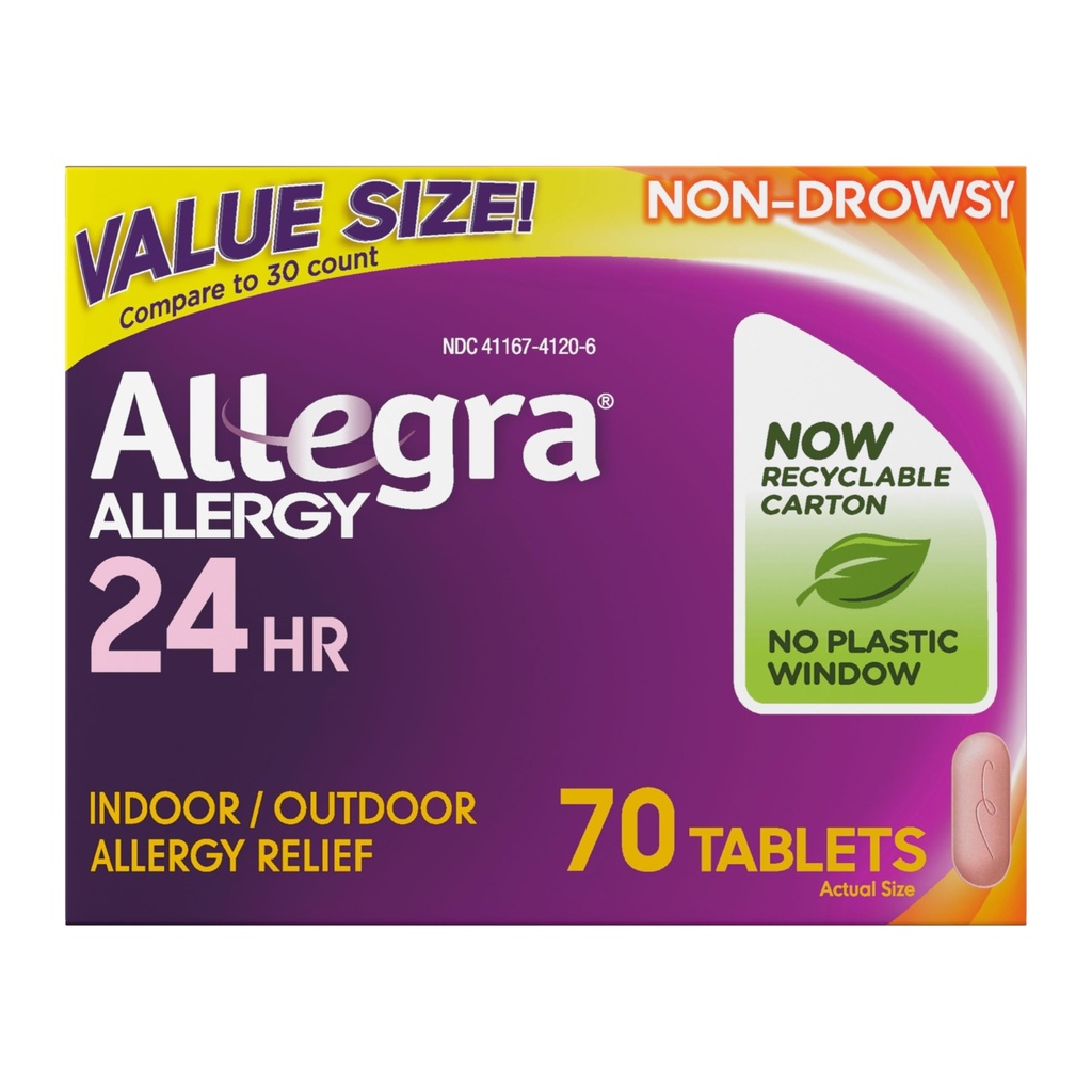 Allegra Voksen 24- timers Allergi Relief Tablets, non- Drowsy Indendørs og Udendørs Allergi Medicin, 180 mg Fexofenadine HCI Antihistamin Pill, 70- greve