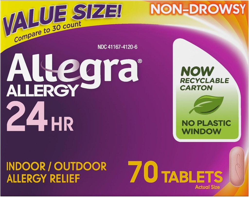 Allegra Voksen 24- timers Allergi Relief Tablets, non- Drowsy Indendørs og Udendørs Allergi Medicin, 180 mg Fexofenadine HCI Antihistamin Pill, 70- greve