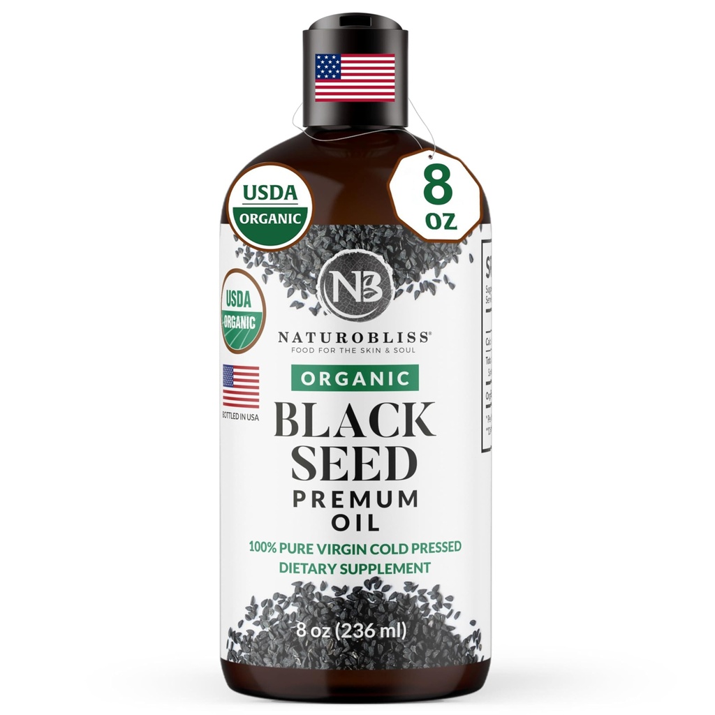 NaturoBliss Organic Black Seed Oil 100 Virgin Cold Pressed Omega 3 6 9 Super Antioxidant til immunforsvar, Joints, Mobilitet, fordøjelse, hår hud Vegan, Gluten- fri, Non- GMO USDA Certificeret 8oz