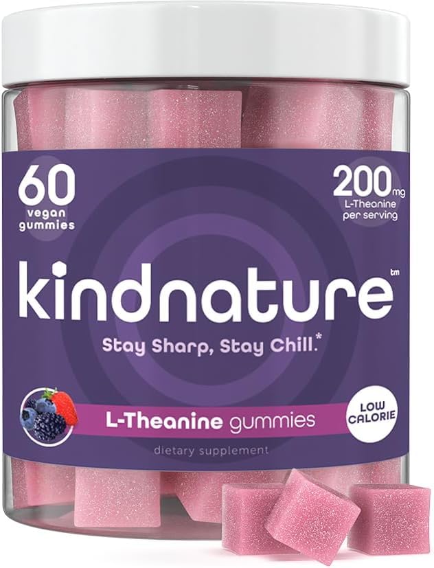 Kindnature L- Theanine Gummies 200mg - Vegansk Calm & Focus Supplement for voksne og børn i alderen 4 + - Blandede berry tyggetabletter, lavt sukker, non-Drowsy *