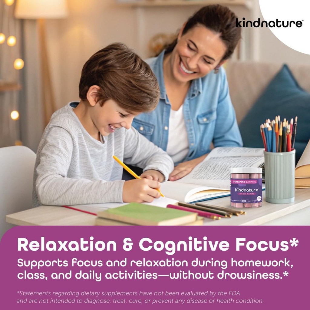 Kindnature L- Theanine Gummies 200mg - Vegansk Calm & Focus Supplement for voksne og børn i alderen 4 + - Blandede berry tyggetabletter, lavt sukker, non-Drowsy *