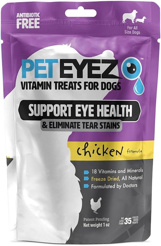 PetEyez Tear Stain Remover Vitamin Treats for Hunde - Support Eye Health & Reduce Itching & Tear Stain Buildup - 100% Natural Dog Treates w / Superfoods, Antioxidants & Nutrients - Chicken Flavor - 1oz