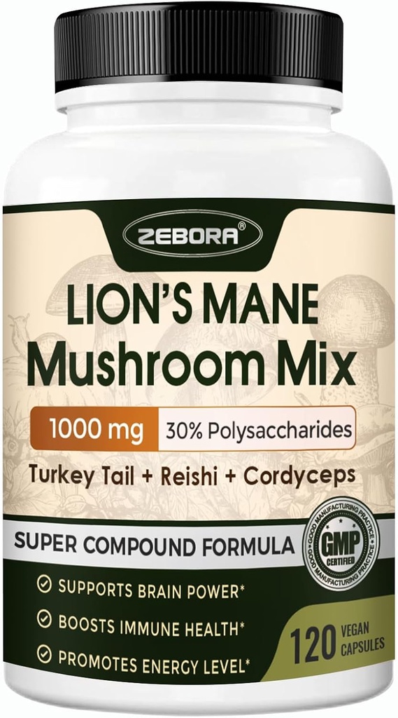 ZEBORA Lions Mane Supplement kapsler - Mushroom tillæg med Lions Mane, Cordyceps, Reishi, Tyrkiet Tail, Shiitake - Lions Mane Mushroom for hukommelse, Focus & immunsupport - 119 Veganske kapsler
