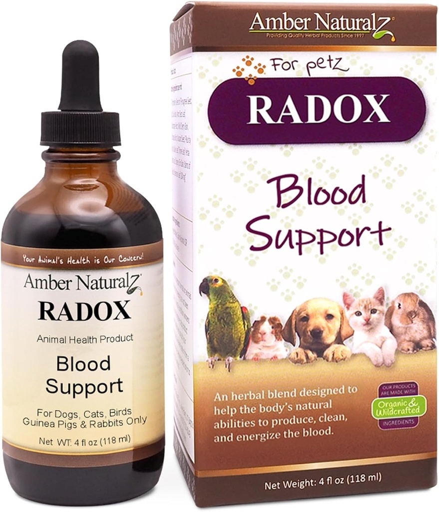 AMBER NATURALZ Radox Blood Support Herbal Blend til hunde, katte, fugle, Guinea Grise, og Kaniner Buddy 124; Herbal Pet Supplement til cirkulation og jern Buddy 124; 4 Fluid Ounce Glass Bottle 124; Fremstillet i USA