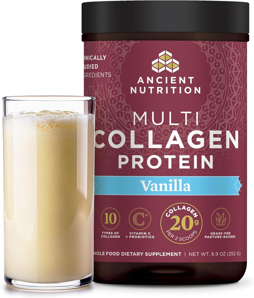 Ancient Nutrition Collagen Peptider Powder, Multi Collagen Protein, Kvinder & Mænd, Vitamin C, Probiotika, Hydrolyseret Collagen, Understøtter Hud, Joints, Gut Sundhed, Vanilla, 24 Servere