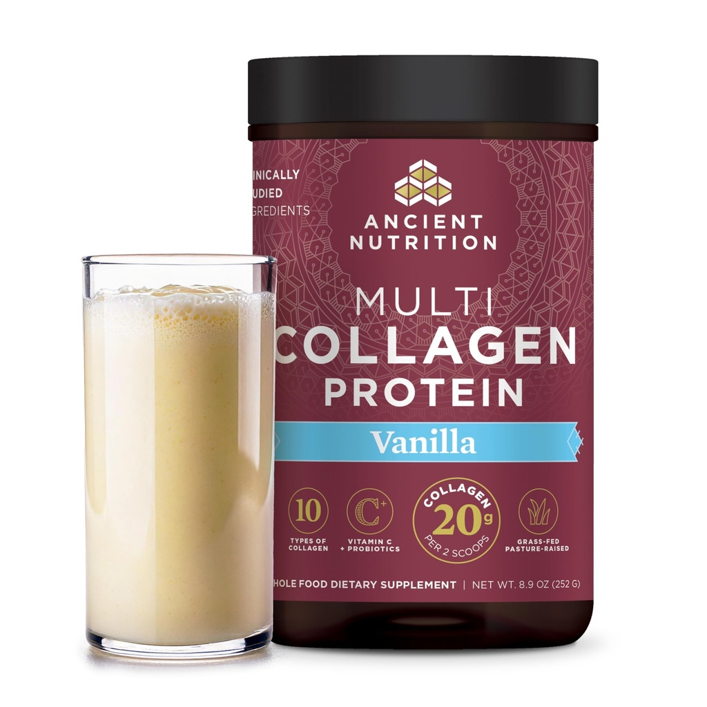Ancient Nutrition Collagen Peptider Powder, Multi Collagen Protein, Kvinder & Mænd, Vitamin C, Probiotika, Hydrolyseret Collagen, Understøtter Hud, Joints, Gut Sundhed, Vanilla, 24 Servere