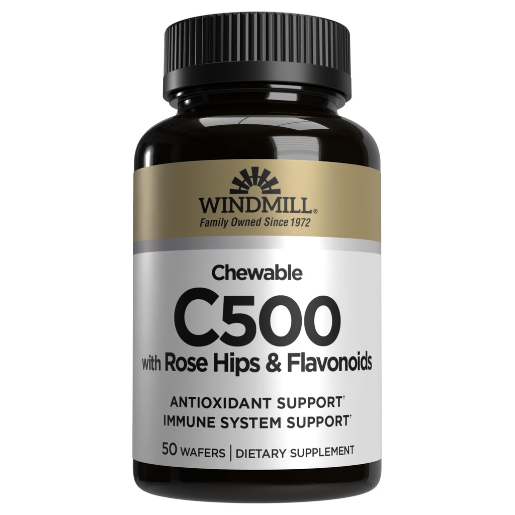 Windmill Natural Vitamin C 500 mg, med Rose HIPS og Bioflavonoider, Immunbooster, Antioxidant Support, Chewable Tablets, Acerola Berry, 50 tabletter, 50 Servere