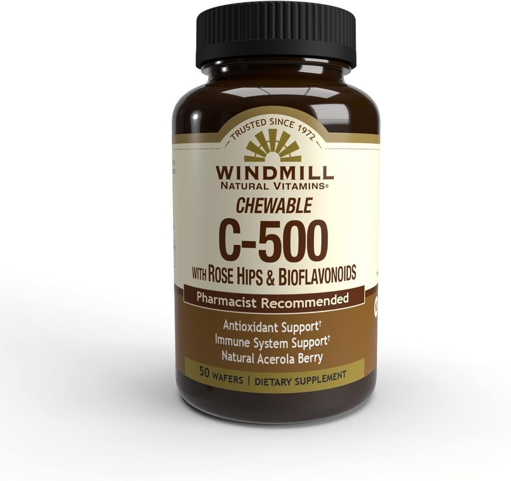 Windmill Natural Vitamin C 500 mg, med Rose HIPS og Bioflavonoider, Immunbooster, Antioxidant Support, Chewable Tablets, Acerola Berry, 50 tabletter, 50 Servere