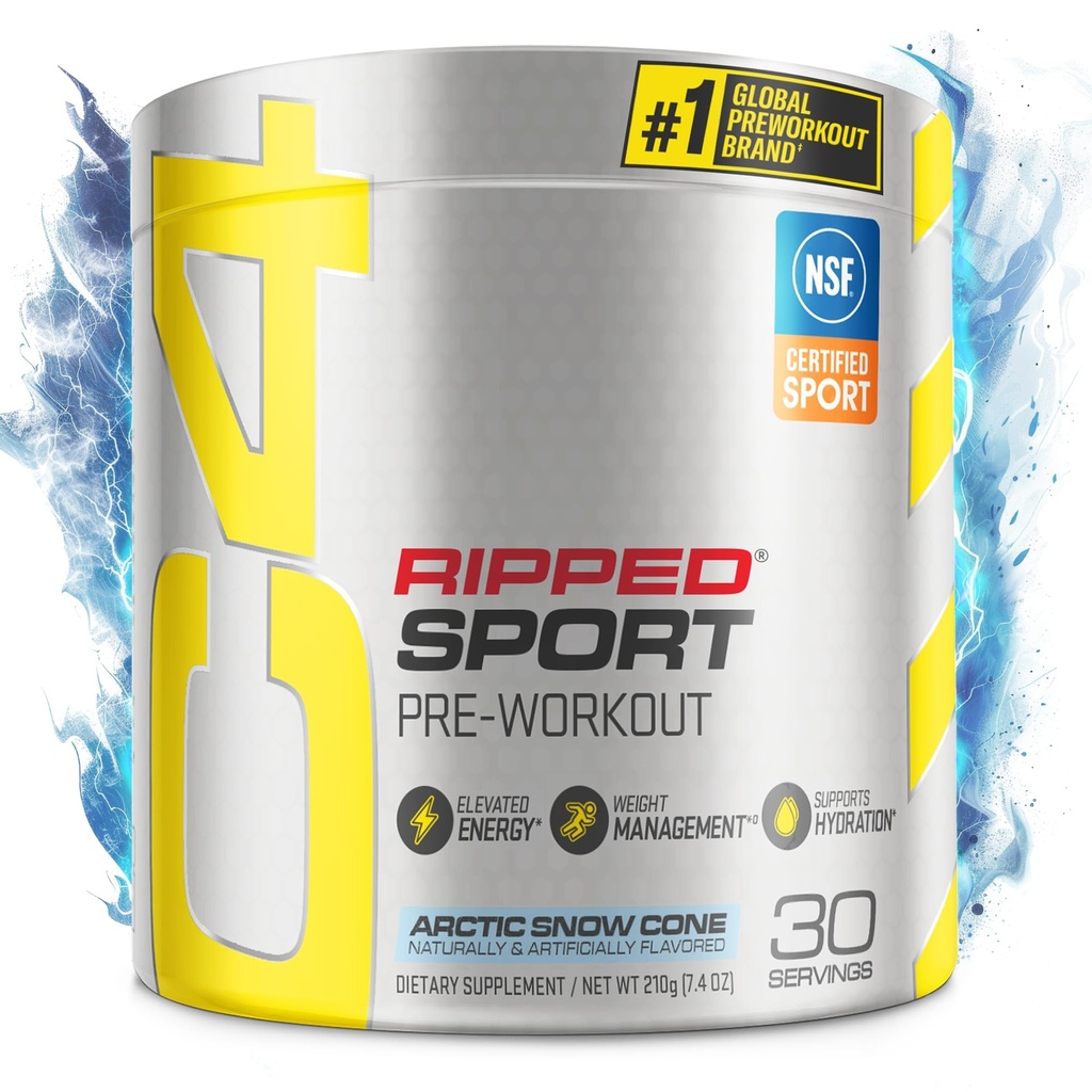 C4 Ripped Sport Pre Workout Powder Arctic Snow Cone - NSF Certified for Sport + Sugar Free Preworkout Energy Supplement for mænd og kvinder - 135mg Koffein + vægttab - 30 Servering