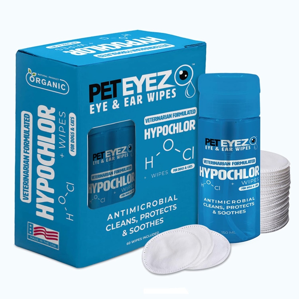 PetEyez Veterinarian Formuleret Tear Stain Remover Solution for Dogs & Cats - Hypoallergen Deodorizing Cleaner til at fjerne snavs, udledning og skorpe fra ører, øjne, Paws & Butt - 100 servietter