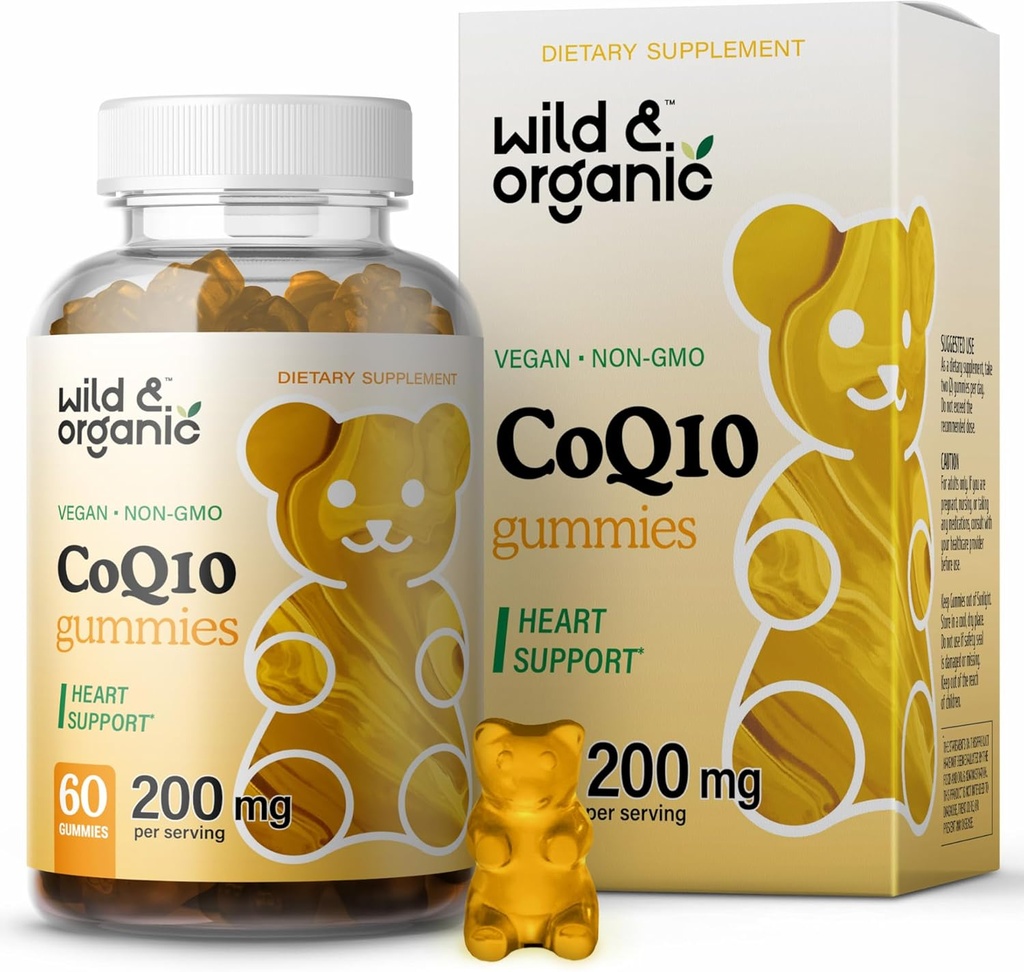 Wild & Organic CoQ10 Gummies - Vegan CoQ10 200mg Antioxidant Supplement med Ubiquinon - Naturlig energi og Focus Gummies med Coenzym Q10- 60 Non- GMO Pectin Chewables