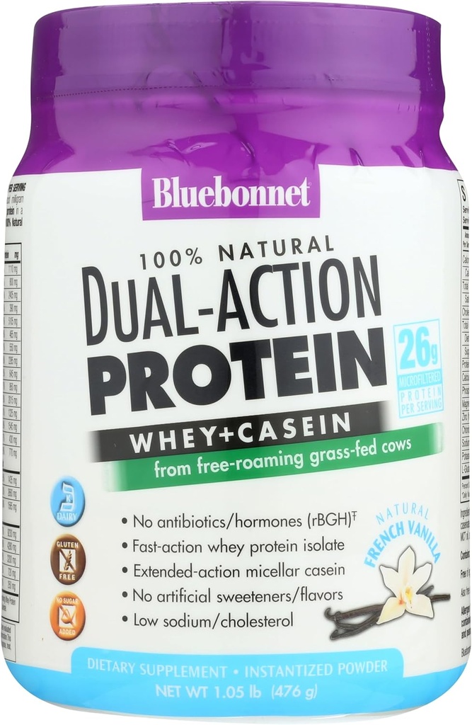 Bluebonnet Nutrition Dual- Action Protein Powder, Whey fra Græs Fed Cows, Ingen sukker tilsat, Ikke GMO, Gluten & Soy Free, Kosher Dairy, Fransk Vanilla Flavor, Off- white, 16.8 Oz