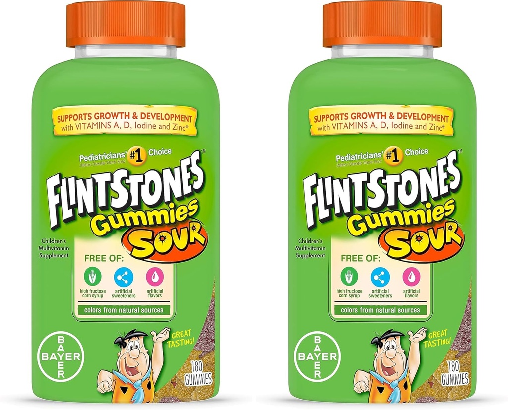 Flintstones Sour Gummies Kids Vitaminer, Gummy Multivitamin til Børn med Vitaminer A, B6, B12, C, D & mere, 180ct (Pack of 2)