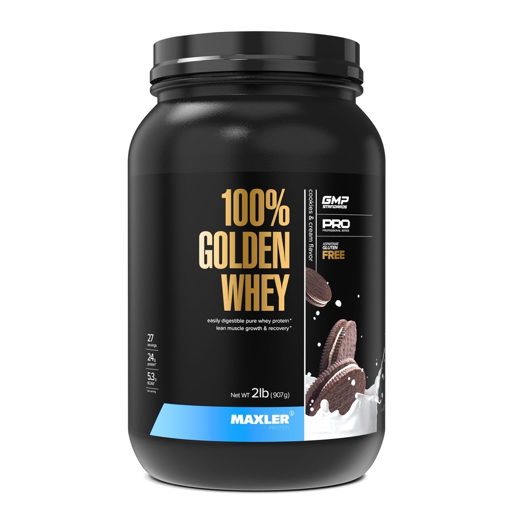 Maxler 100% Golden Whey Protein - 24g protein per servering - Premium Whey Protein Powder for Pre Post Workout - Fast- Absorbing Whey koncentrat, Isolere & Hydrolysate Blend - Cookies & Cream 2 LB