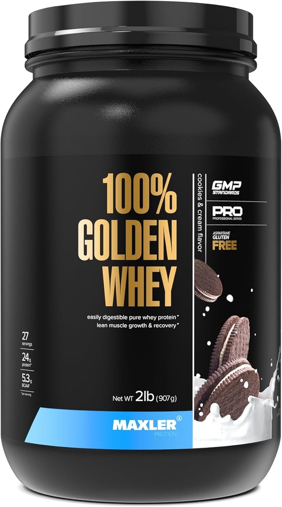 Maxler 100% Golden Whey Protein - 24g protein per servering - Premium Whey Protein Powder for Pre Post Workout - Fast- Absorbing Whey koncentrat, Isolere & Hydrolysate Blend - Cookies & Cream 2 LB