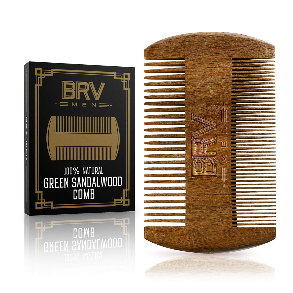 BRV MEN Beard & Mustache Comb, 100% Natural Green Sandalwood, Pocket Beard Comb with Carry Case, Wooden Beard Comb for mænd For alle typer og stilarter af hår & skæg
