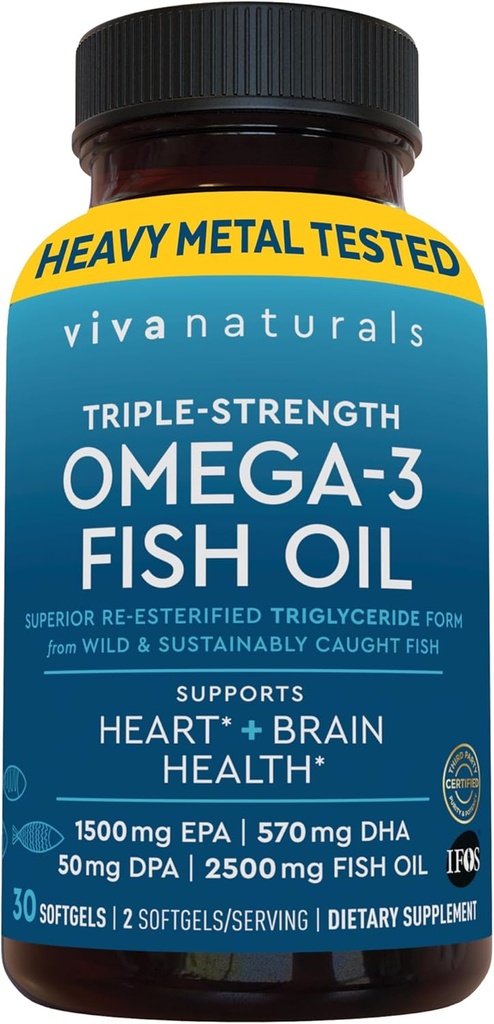 Viva Naturals Omega-3 Fish Oil, Triple Strength, 2500 mg, 30 Softgels - Re- Esterified Omega 3 Fedtsyrer herunder EPA, DHA, DPA - Passatarian-Friendly