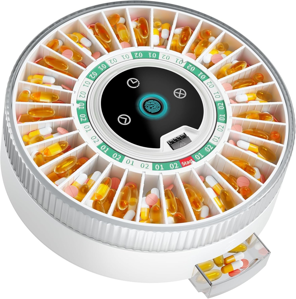 Windtrace Bluetooth Automatic Pill Dispenser til ældre med Alarm, Smart Pill Dispenser med 31- Slot, Fingerprint & Mekanisk Dual Lock Medicin Dispenser, Timet Dispenser Machine (grøn)