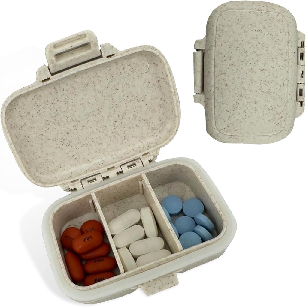 Travel Pill Organizer - Holdbar, Vandtæt Pill Case Travel Størrelse med 3 Compact Pill Travel Case for Vitaminer, Kosttilskud, Medicin - Travel Pill Container for Purse (hvid)